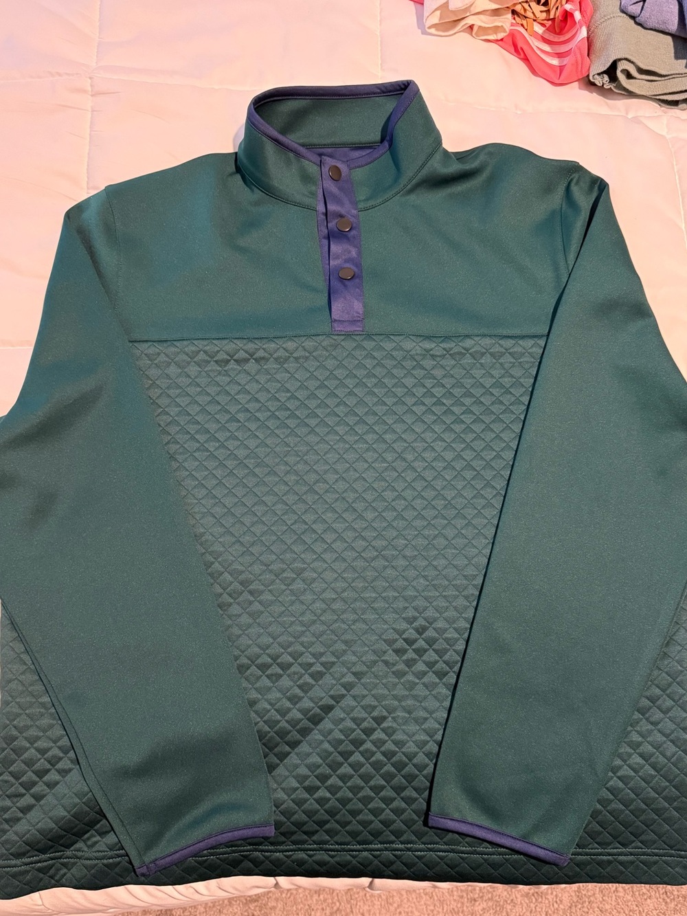 Southern Proper Quilted Green Zip-Up Pullover with Navy Trim